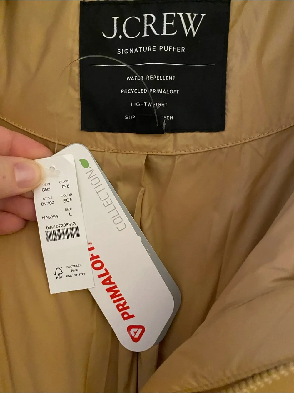 NWT J. Crew Camel-Tan Women’s Quilted Puffer Jacket size L